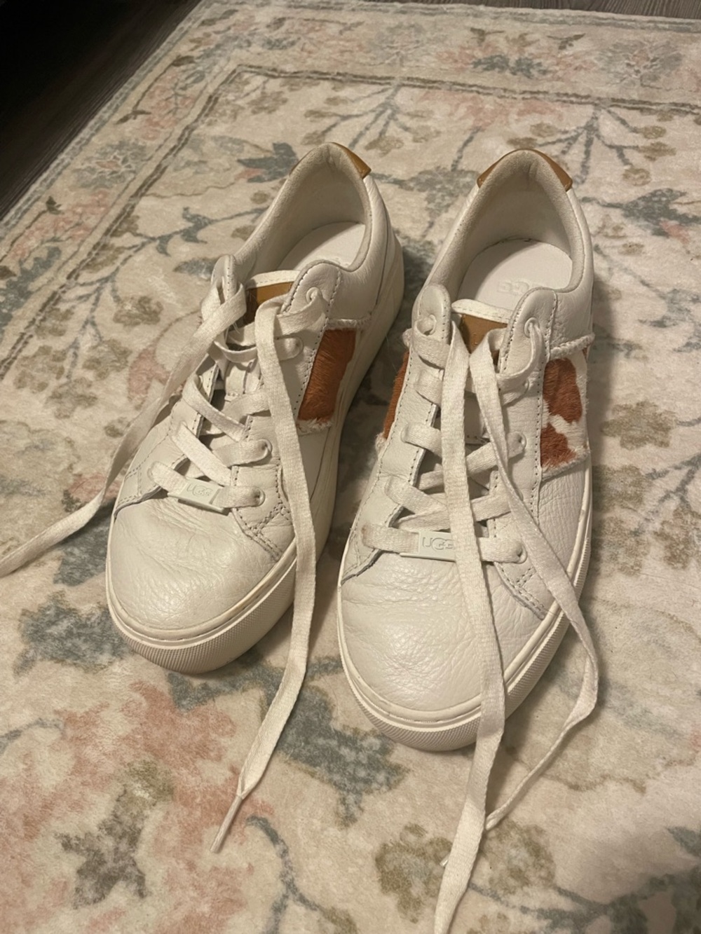 UGG Cream Leather Sneakers with Brown Patch Detail - Women